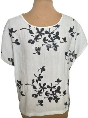 Karen Kane Sequin Floral Beaded Top White Black Evening Size M